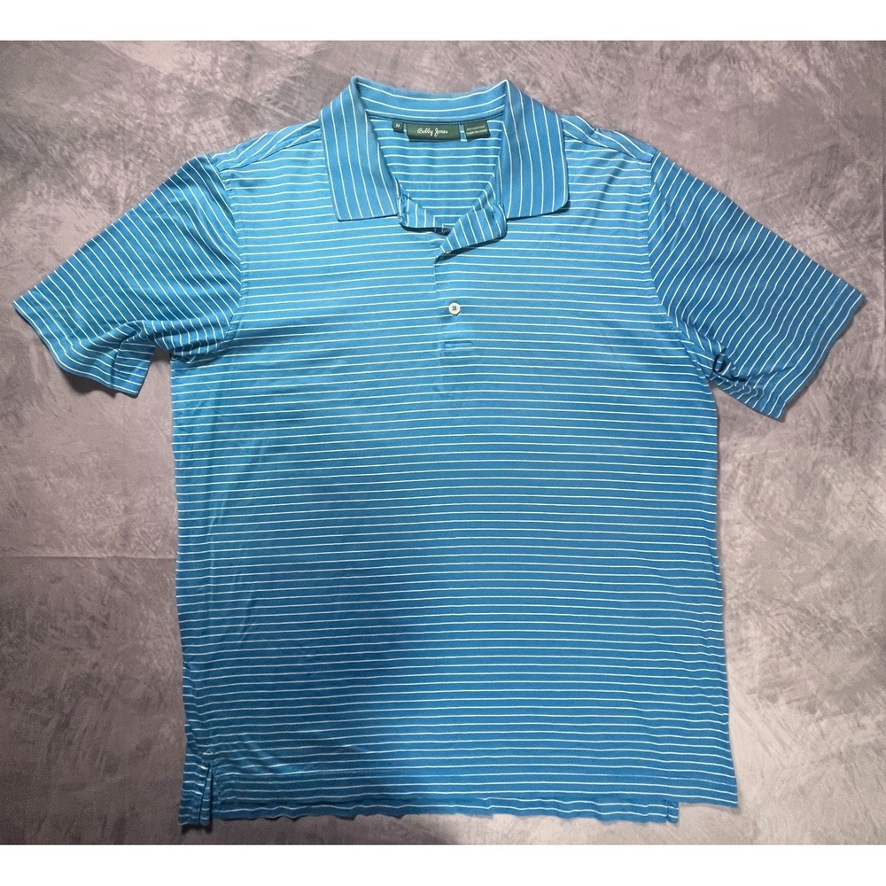 Bobby Jones Polo Shirt Mens M Blue White Striped Cotton Tennis Golf Athletic